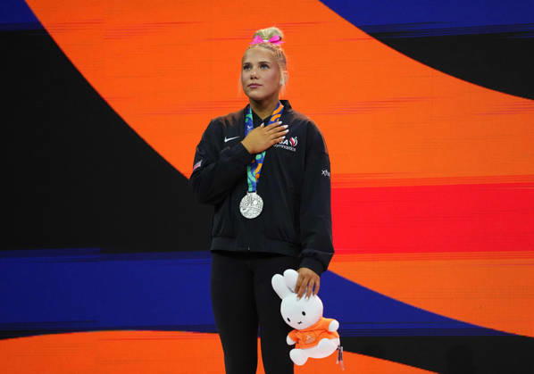 Reese Esponda (USA) wins silver in floor. during Artistic Gymnastic, Day 9 World Championship, WM, Weltmeisterschaft at Ahoy, Rotterdam, Netherlands on October 25, 2026. DeFodi Images. -