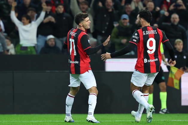 Christian Pulisic of AC Milan celebrates with team mate Goncalo Ramos, after scoring the goal of 0-1 during the Serie A 2026 2027 football match between Udinese Calcio and AC Milan at Friuli Bluenergy stadium in Udine (Italy), October 25th, 2026. CesarexPurini