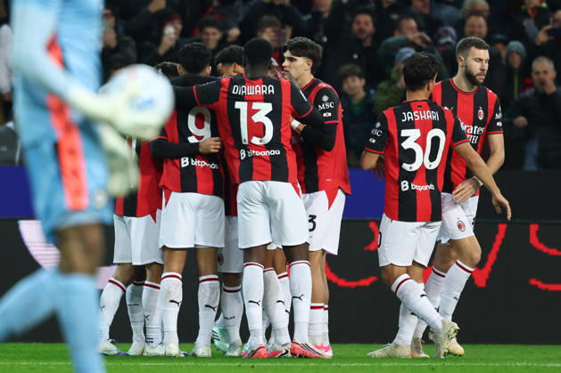 Christian Pulisic of AC Milan celebrates with team mates after scoring the goal of 0-1 during the Serie A 2026 2027 football match between Udinese Calcio and AC Milan at Friuli Bluenergy stadium in Udine (Italy), October 25th, 2026. CesarexPurini