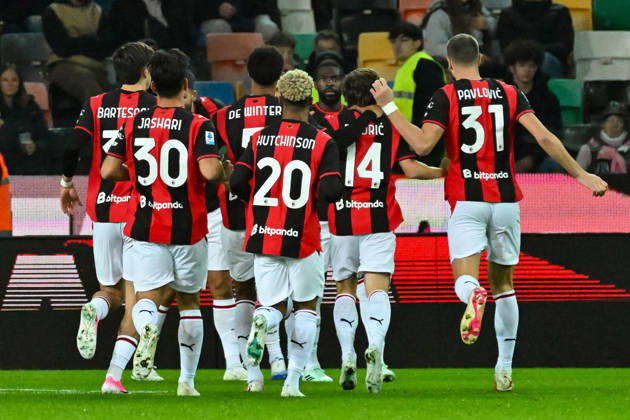 October 25, 2026, Udine: Milan™s Christian Pulisic (C) celebrates with his teammates after scoring a goal during the Italian Serie A soccer match between Udinese FC and AC Milan at the Bluenergy Stadium Stadio Friuli in Udine, Italy, 25 october 2026. ANSA . Serie A - Udinese Vs Milan  - ZUMAa110 20261025_zaf_a110_038 Copyright: xAlessioxMarinix