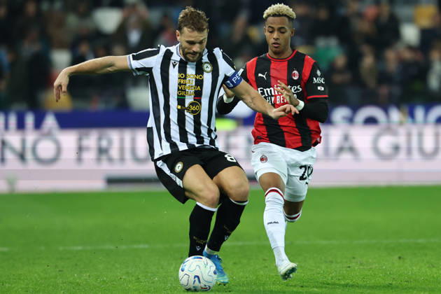 Jesper Karlstrom of Udinese Calcio and Omari Hutchinson of AC Milan compete for the ball during the Serie A 2026 2027 football match between Udinese Calcio and AC Milan at Friuli Bluenergy stadium in Udine (Italy), October 25th, 2026. CesarexPurini