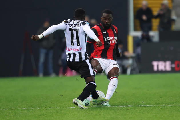 Hassane Kamara of Udinese Calcio and Fikayo Tomori of AC Milan compete for the ball during the Serie A 2026 2027 football match between Udinese Calcio and AC Milan at Friuli Bluenergy stadium in Udine (Italy), October 25th, 2026. CesarexPurini