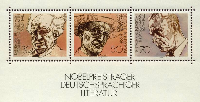Nobelpreis für Hermann Hesse, 75. Jahrestag am 14. November 50 Pfennig Briefmarke zum Gedenken an die Nobelpreisträger Deutschsprachiger Literatur - Gerhart Hauptmann, Hermann Hesse und Thomas Mann