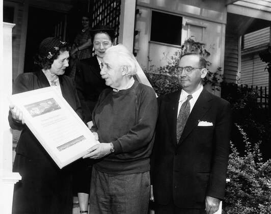 Sep 15, 1950; Princeton, NJ, USA; Professor ALBERT EINSTEIN living a quiet and peaceful life at Princeton. Albert Einstein aka Yousuf Karsh Albert Einstein (March 14, 1879 Ð April 18, 1955) was a German theoretical physicist regarded as the greatest scientist of the 20th century. He proposed the theory of relativity and made contributions to the development of quantum mechanics, statistical mechanics, and cosmology. He was awarded the 1921 Nobel Prize for Physics for his explanation of the photoelectric effect and for his services to Theoretical Physics. After his general theory of relativity was formulated in 1915. Princeton USA - ZUMAk09