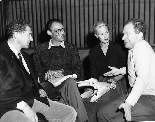 Sep 19, 1956; London, UK; ANTHONY QUAYLE, ARTHUR MILLER, MARY URE, and PETER BROOK at the rehearsal of A View from the Bridge. London UK  - ZUMAk09