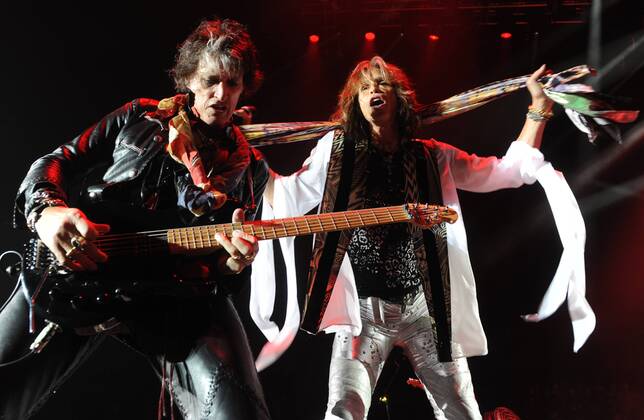American singer Stephen Tyler and guitarist Joe Perry perform with Aerosmith at 02 Arena in London on June 15, 2010.  LON20100615117