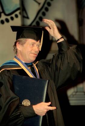 Czechoslovak President Vaclav Havel in ceremonial dress after he received a honorary medal of the University of California Los Angeles (UCLA) in Westwood on October 25, 1991. CTK Photo Stanislav Peska  CTKPhoto00479899