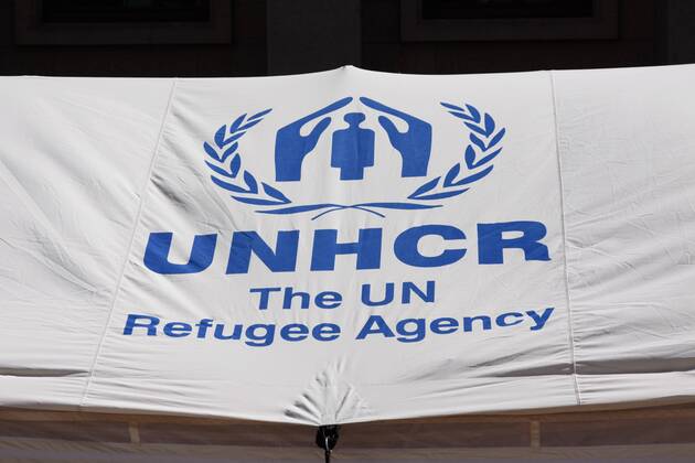 Zelt, Logo, UNHCR, Hoher Flüchtlingskommissar der Vereinten Nationen, United Nations High Commissioner for Refugees Vereinte Nationen, UN, mit dem Schutz von Flüchtlingen und Vertriebenen weltweit beauftragt iblasm02008304