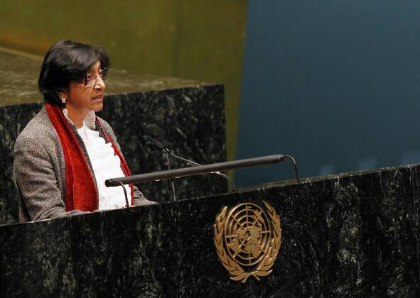 (120213) -- NEW YORK, Feb. 13, 2012 (Xinhua) -- UN High Commissioner for Human Rights Navanethem Pillay addresses a UN General Assembly meeting to discuss the human rights situation in Syria at the headquarters of the UN, New York, the United States, Feb. 13, 2012. (Xinhua Wu Jingdan) UN-POLITICS-SYRIA 