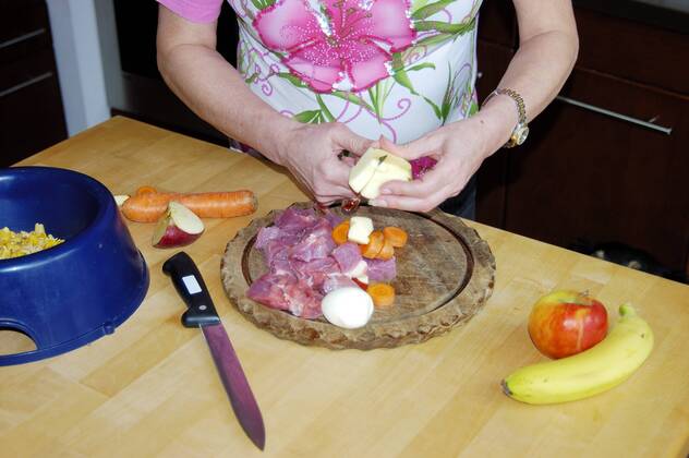 Hundefutter wird in Kueche zubereitet food for dog gets prepared in kitchen BLWS029686