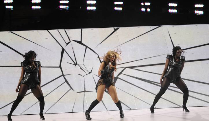 Beyonce performs during the Super Bowl XLVII halftime show at the Mercedes-Benz Superdome on February 3, 2013 in New Orleans.  SBP20130203717