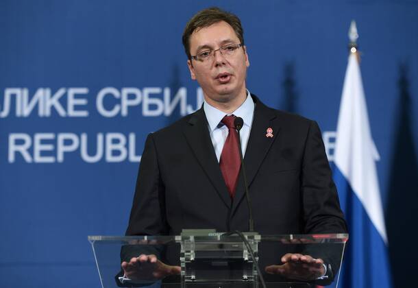 BELGRADE, SERBIA. OCTOBER 16, 2014. Serbia s prime minister Aleksandar Vucic talks to journalists following a meeting with Russia s president Vladimir Putin. Alexei Nikolsky TASS  RE1520E4