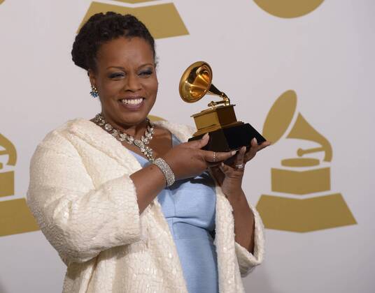 Dianne Reeves poses backstage with her award for Best Jazz Vocal Album for Beautiful Life during the 57th Grammy Awards at Staples Center in Los Angeles on February 8, 2015  LAP20150208500 PHILxMCCARTEN