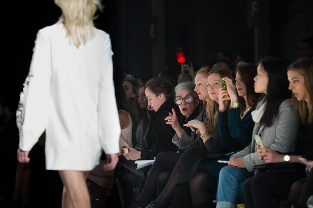 IMAGO ICONS: Iris Apfel Iris Apfel sits on the front row during the Noon by Noor fashion show during Mercedes-Benz Fashion Week Fall 2015 at Lincoln Center in New York City on February 14, 2015. February s New York Fashion Week will be the last one held at Lincoln Center.  NYP20150214913 ANDREAxHANKS