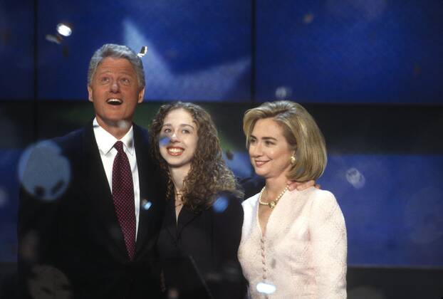 Aug. 29, 1996 - Chicago, IL, United States of America - U.S President Bill Clinton hugs daughter Chelsea and wife Hillary Rodham Clinton as confetti falls after accepting the nomination for the democrat party at the 1996 Democratic National Convention August 29, 1996 in Chicago, IL. Chicago United States of America - ZUMAe02_
