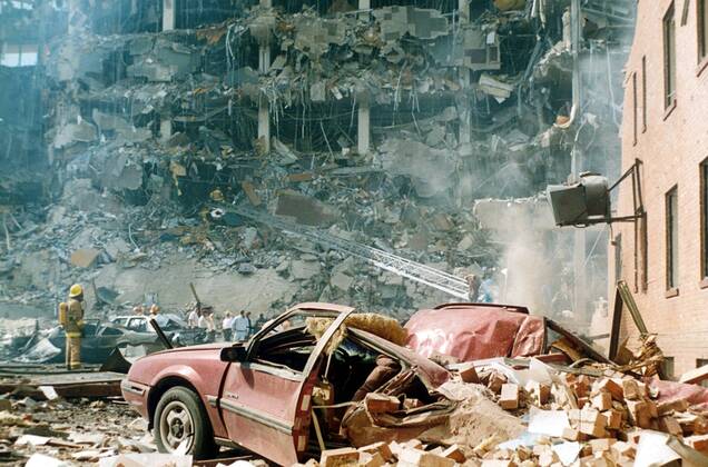 File - On April 19, 1995, a truck-bomb explosion outside the Alfred P. Murrah Federal Building in Oklahoma City, Oklahoma, left 168 people dead and hundreds more injured. The blast was set off by anti-government militant Timothy McVeigh, who in 2001 was executed for his crimes. His co-conspirator Terry Nichols received life in prison. Pictured - Apr 19, 1995 - Oklahoma City, Oklahoma, U.S - Oklahoma City Bombing rescue efforts at the Murrah Federal Building after explosion. Oklahoma City U.S. - ZUMAw17_