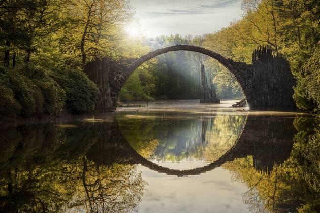 ACHTUNG WICHTIG: GESPERRT FÜR NUTZUNG; GRUSSKARTEN (Vorderansicht); Gebiet: DEUTSCHLAND, ÖSTERREICH, SCHWEIZ; Zeitraum: AUGUST 2023 - AUGUST 2033 Rakotzbrücke oder auch Teufelsbrücke im Kromlauer Park, Kromlau, Sachsen, Deutschland, Europa Copyright: imageBROKER/FotoatelierxBerlin iblbdh04193460.jpg ATTENTION, RESTRICTION FOR USING: GREETING CARDS (front placement); territory: GERMANY, AUSTRIA, SWITZERLAND; END DATE: AUGUST 2023 - AUGUST 2033
