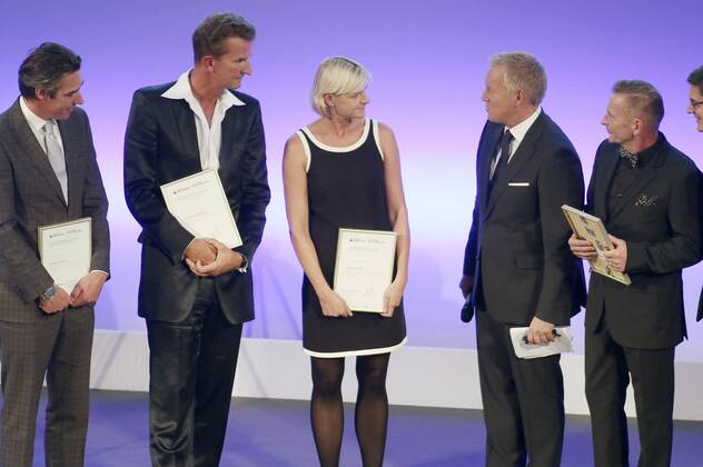 Michael Stich, Dr. Michael Groß, Anja Fichtel, Johannes B. Kerner, Dr. Hans-Georg Aschenbach bei der Verleihung der Goldenen Sportpyramide 2015 in der Handelskammer. Hamburg, 12.09.2015 Foto:xgbrcix xFuturexImage