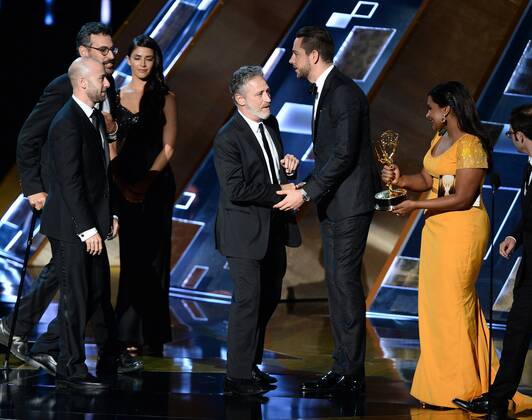 TV personality Jon Stewart accepts the award for Outstanding Variety Talk Series for The Daily Show with Jon Stewart during the 67th Primetime Emmy Awards in the Microsoft Theater in Los Angeles on September 20, 2015.  LAP20150920758 KENxMATSUI
