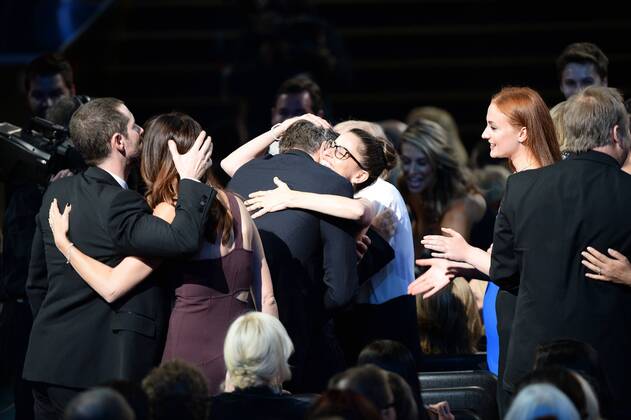 Writer producers David Benioff and D.B. Weiss and cast and crew win the award for Outstanding Drama Series for Game of Thrones during the 67th Primetime Emmy Awards in the Microsoft Theater in Los Angeles on September 20, 2015.  LAP20150920788 KENxMATSUI