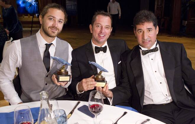 Monaco, Monte Carlo - November 09, 2015: Prizegiving Gala at Blue Monaco 2015, a Global Film Festival and Conservation Summit with winners Chris Cilfone (left), David Owen Brown and Denis Jensen Prizegiving Gala at Blue Monaco 2015, a Global Film Festival and Conservation Summit Blue Monaco Global Filmfestival - Preisverleihung