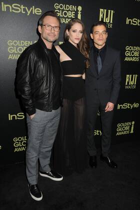 17 November 2015 - West Hollywood, California - Christian Slater, Carly Chaikin, Rami Malek. Hollywood Foreign Press Association and InStyle Celebrate The 2016 Golden Globe Award Season held at Ysabel.  ByronxPurvis AdMedia
