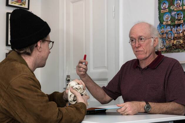 Nov. 18, 2015 - Sweden - Don Rosa (right) discussing his work with one of his fans. Keno Don Hugo Rosa, known simply as Don Rosa is an American comic book author and illustrator known for his stories about Scrooge McDuck, Donald Duck and other Disney characters. Many of his stories are built on characters and locations created by Carl Barks, including the story that brought him to fame as a modern Disney artist. Sweden - ZUMAp133