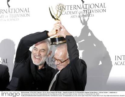 Award winners for TV Movie Mini-Series Soldat Blanc ( White Soldier ) celebrate in the pressroom at the 43rd International Emmy Awards at the New York Hilton in New York City on November 23, 2015.  NYP20151123151 JOHNxANGELILLO