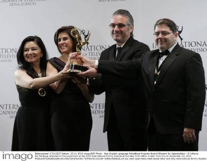 Non-English Language Primetime Program Award Winners for Apprendidos - El Infierno De Montoya celebrate in the pressroom at the 43rd International Emmy Awards at the New York Hilton in New York City on November 23, 2015.  NYP20151123164 JOHNxANGELILLO