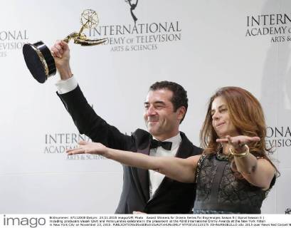 Award Winners for Drama Series for Engrenages Saison 5 ( Spiral Season 5 ) including producers Vassili Clert and Anne Landois celebrate in the pressroom at the 43rd International Emmy Awards at the New York Hilton in New York City on November 23, 2015.  NYP20151123175 JOHNxANGELILLO