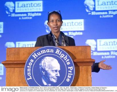 Dec. 10, 2015 - Washington, District of Columbia, United States of America - Lantos Prize Recipient Ayaan Hirsi Ali, advocate against child marriage, FGM, and honor violence, speaks at the Lantos Human Rights Prize ceremony on Capitol Hill in Washington, DC on December 10, 2015..Credit: Washington United States of America - ZUMAs152