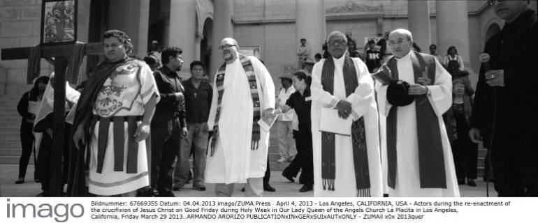 April 4, 2013 - Los Angeles, CALIFORNIA, USA - Actors during the re-enactment of the crucifixion of Jesus Christ on Good Friday during Holy Week in Our Lady Queen of the Angels Church La Placita in Los Angeles, California, Friday March 29 2013..ARMANDO ARORIZO - ZUMAil