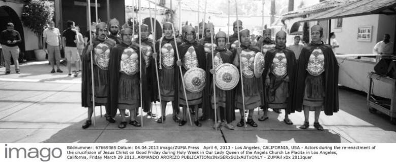 April 4, 2013 - Los Angeles, CALIFORNIA, USA - Actors during the re-enactment of the crucifixion of Jesus Christ on Good Friday during Holy Week in Our Lady Queen of the Angels Church La Placita in Los Angeles, California, Friday March 29 2013..ARMANDO ARORIZO - ZUMAil