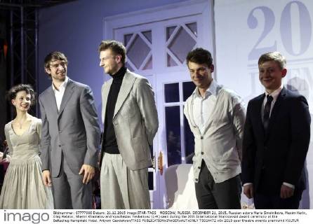 MOSCOW, RUSSIA. DECEMBER 21, 2015. Russian actors Maria Smolnikova, Maxim Kerin, Oleg Rebrov, Shamil Khamatov and Vyacheslav Yevlantyev (L-R) seen during the 20th International Stanislavski Award ceremony at the Baltschug Kempinski Hotel. Artyom Geodakyan TASS  TS014472