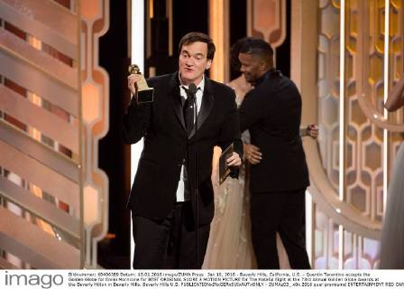 Jan 10, 2016 - Beverly Hills, California, U.S. - Quentin Tarantino accepts the Golden Globe for Ennio Morricone for BEST ORIGINAL SCORE â MOTION PICTURE for The Hateful Eight at the 73rd Annual Golden Globe Awards at the Beverly Hilton in Beverly Hills. Beverly Hills U.S. - ZUMAz03_