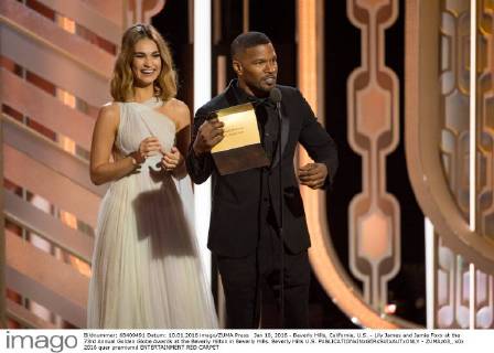 Jan 10, 2016 - Beverly Hills, California, U.S. - Lily James and Jamie Foxx at the 73rd Annual Golden Globe Awards at the Beverly Hilton in Beverly Hills. Beverly Hills U.S. - ZUMAz03_