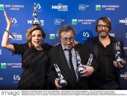 Veerle Baetens for Un debut prometteur , Jaco Van Dormael for Le tout nouveau testament and Wim Willaert for Je suis mort mais j ai des amis pictured during the sixth edition of the Magritte du Cinema awards ceremony, Saturday 06 February 2016, in Brussels. The awards are rewarded to movies of Belgian French-speaking producers.  LAURIExDIEFFEMBACQ 04789286