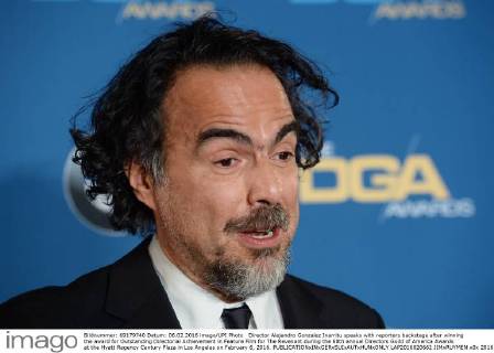 Director Alejandro Gonzalez Inarritu speaks with reporters backstage after winning the award for Outstanding Directorial Achievement in Feature Film for The Revenant during the 68th annual Directors Guild of America Awards at the Hyatt Regency Century Plaza in Los Angeles on February 6, 2016.  LAP2016020662 JIMxRUYMEN