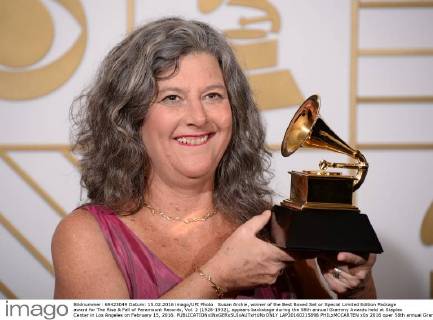 Susan Archie, winner of the Best Boxed Set or Special Limited Edition Package award for The Rise & Fall of Paramount Records, Vol. 2 (1928-1932), appears backstage during the 58th annual Grammy Awards held at Staples Center in Los Angeles on February 15, 2016.  LAP20160215898 PHILxMCCARTEN