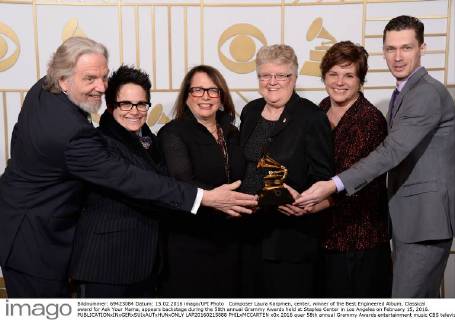 Composer Laura Karpmen, center, winner of the Best Engineered Album, Classical award for Ask Your Mama, appears backstage during the 58th annual Grammy Awards held at Staples Center in Los Angeles on February 15, 2016.  LAP20160215888 PHILxMCCARTEN