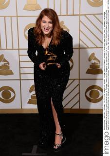 Singer Meghan Trainor, winner of the Best New Artist award, appears backstage during the 58th annual Grammy Awards held at Staples Center in Los Angeles on February 15, 2016.  LAP201602151032 PHILxMCCARTEN