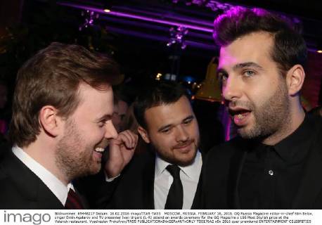 MOSCOW, RUSSIA. FEBRUARY 16, 2016. GQ Russia Magazine editor-in-chief Kim Belov, singer Emin Agalarov and TV presenter Ivan Urgant (L-R) attend an awards ceremony for the GQ Magazine s 100 Most Stylish prize at the Valenok restaurant. Vyacheslav Prokofyev TASS  TS0176A2