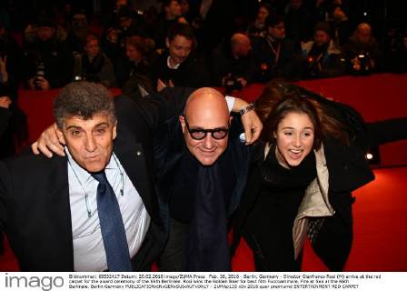 Feb. 20, 2016 - Berlin, Germany - Director Gianfranco Rosi (M) arrive at the red carpet for the award ceremony of the 66th Berlinale. Rosi wins the Golden Bear for best film Fuocoammare, Fire at Sea at the 66th Berlinale. Berlin Germany - ZUMAp133