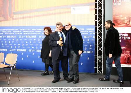 Feb. 20, 2016 - Berlin, Germany - Director of the winner film Fuocoammare, Fire at Sea, Gianfranco Rosi presents his Golden Bear Award for the best film at the 66th Berlinale. Berlin Germany - ZUMAp133