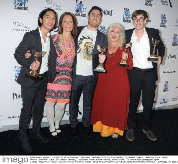 February 27, 2016 - Santa Monica, CA, United States - 27 February 2016 - Santa Monica, California - Justin Chan, Robyn Fairchild, Trey Edward Shults, Krisha Fairchild, Wilson Smith. 31st Annual Film Independent Spirit Awards - Press Room held at the Santa Monica Pier. Photo Credit: Santa Monica United States - ZUMAs123