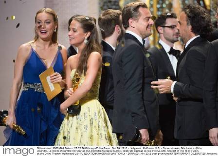 Feb 28, 2016 - Hollywood, California, U.S. - Oscar-winners, Brie Larson, Alicia Vikander, Leonardo DICAPRIO (Di Caprio) and Alejandro Gonzalez Inarritu celebrate onstage during the live ABC Telecast of The 88th Oscars at the Dolby Theatre. Hollywood U.S. - ZUMAz03_