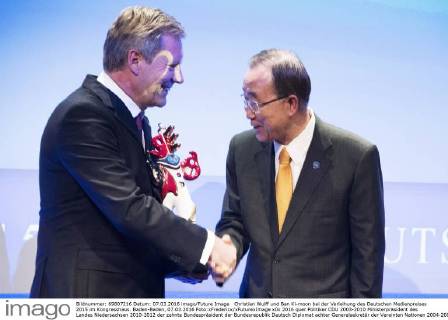 Christian Wulff und Ban Ki-moon bei der Verleihung des Deutschen Medienpreises 2015 im Kongresshaus. Baden-Baden, 07.03.2016 Foto:xFredericx xFuturexImage