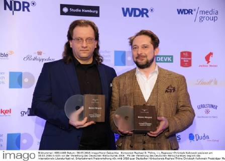 Komponist Raphael D. Thöne, l-r, Regisseur Christoph Kalkowski posieren am 08.03.2016 in Köln vor der Verleihung des Deutschen Hörbuchpreis 2016 . Mit der Verleihung des Deutschen Hörbuchpreises beginnt das internationale Literaturfestival.