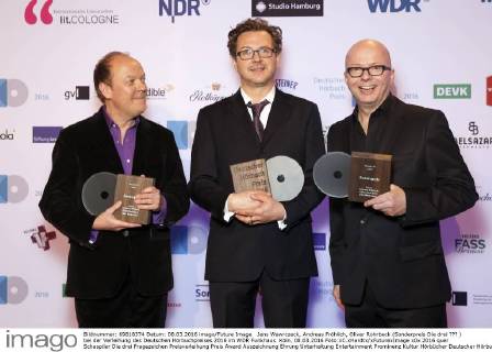 Jens Wawrczeck, Andreas Fröhlich, Oliver Rohrbeck (Sonderpreis Die drei ??? ) bei der Verleihung des Deutschen Hörbuchpreises 2016 im WDR Funkhaus. Köln, 08.03.2016 Foto:xC.xHardtx xFuturexImage