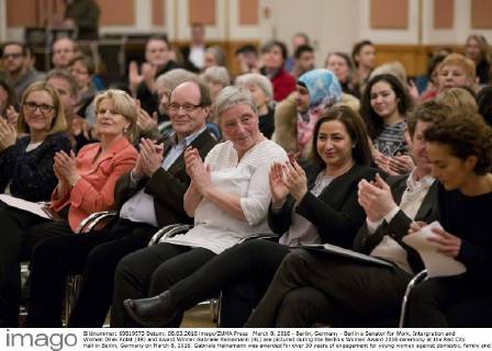 March 8, 2016 - Berlin, Germany - Berlin s Senator for Work, Intergration and Women Dilek Kolat (3R) and Award Winner Gabriele Heinemann (4L) are pictured during the Berlin s Women Award 2016 ceremony at the Red City Hall in Berlin, Germany on March 8, 2016. Gabriele Heinemann was awarded for over 30 years of engagement for young women against domestic, family and sexual violence in the district of Neukoelln. Berlin Germany  - ZUMAn230